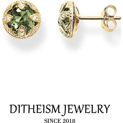 Gold Color Green Lotus Stud Earrings, 2018 New Crystal Fashion Jewelry 925 Sterling Silver Trendy Gift For Women Lover