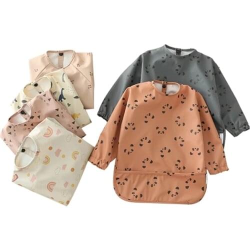 2021 New Baby Toddler Long Sleeve Scarf Waterproof Art Smock Feeding Bib Apron Pocket Infant Boys Girls Burp Cloth Banana Bibs