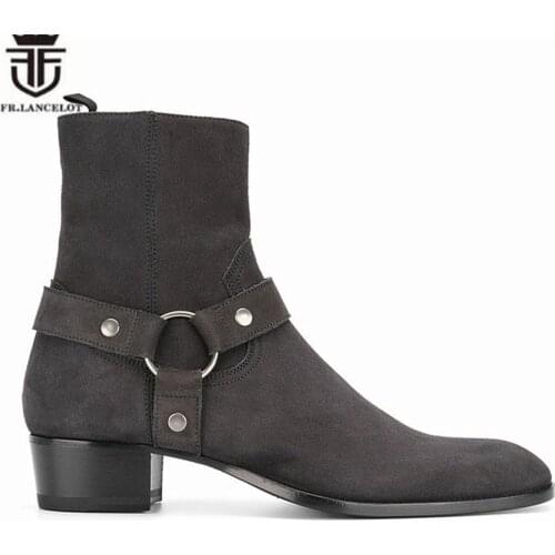 Handmade Dark Gray Suede Leather wedge Harness Boots High Top Pointed Toe Men Chelsea Boots