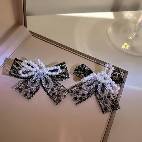 U-Magical Korean Lace Bow-knot Crystal Imitation Pearl Dangle Earring for Women Hollow Out Black White Beaded Earring Jewelry