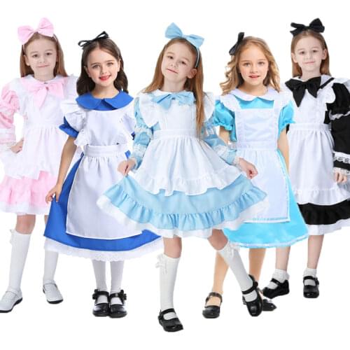 Umorden Child Kids Wonderland Alice Costume for Girls Teen Girl Maid Lolita Cosplay Dress Halloween Carnival Party Costumes