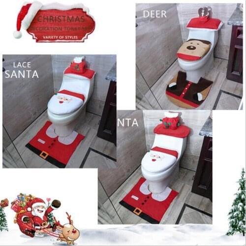 WC Toilet Seat Cover Christmas Bath Mat Santa Toilet Mat Christmas Bathroom Decorations Mat Carpet for Household Three-piece Set