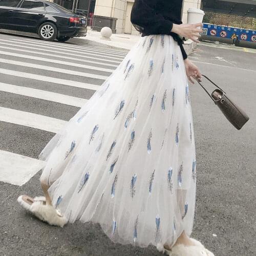 3 Layer Women Embroidery Mesh Tulle Skirt Summer Elastic High Waist Skirt Jupe Longue Ladies Skirts Boho Maxi Long Skirt C5456