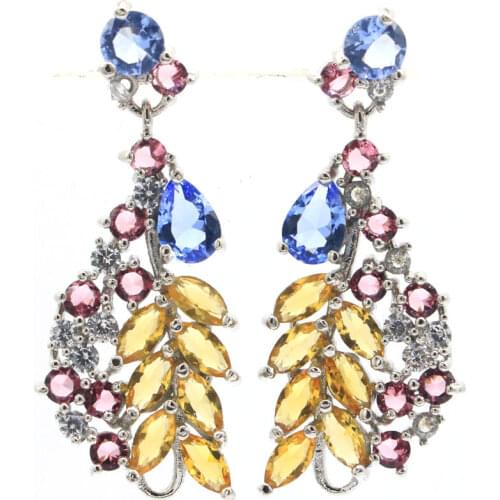 29x22mm Multi Color 19g Created Garnet Aquamarine Peridot Tanzanite Iolite Women Dating Bride Engagement Silver Stud Earrings