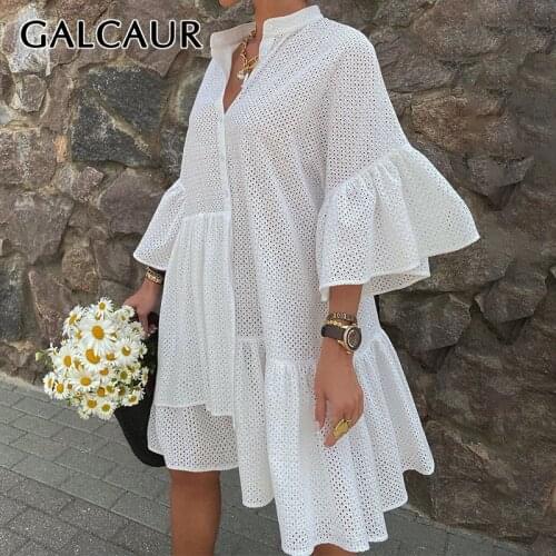 GALCAUR Hollow Out Dress For Women Stand Collar Petal Half Sleeve Patchwork Ruffles Plus Size Vintage Dresses Female 2020 New