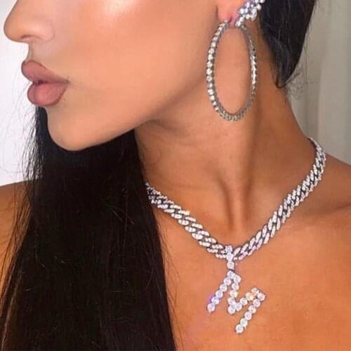 Iced Out 26 Letter Initial Necklace Silver Color Tennis Chain Choker for Women Bling Crystal Alphabet Necklace Statement Jewelry