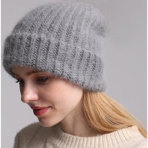Angola Rabbit Fur Knitted Hat Women Skullies Beanies Soft Warm Winter Wool Hat Female Ski Cap Gorros