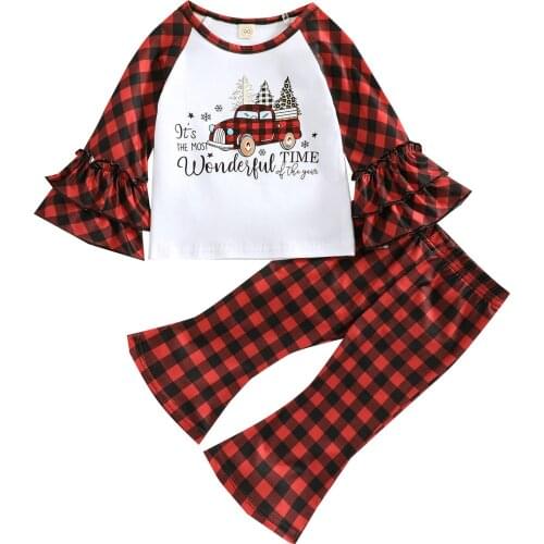 Christmas Toddler Baby Girls Clothes Sets Plaid Car Print Long Sleeve Pullover Tops Flare Pants 2pcs Children Xmas Sets