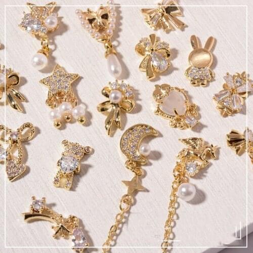5pcs Rabbit Butterfly Pattern 3D Crystal Pendant Chain Metal Zircon Nail Jewelry Pearl High Quality Rhinestone Accessories