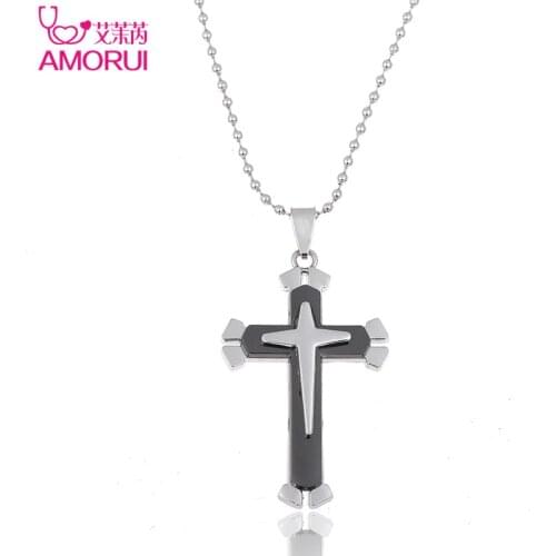 AMORUI Mens Blue/Black Christ Jesus Cross Pendant Necklace Bead Chain Necklaces Pendants for Women Jewelry Bijoux Mujer Gift
