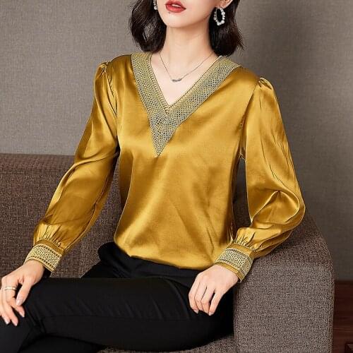 2021 Spring Korean Chiffon Blouses And Tops For Women Satin V-neck Shirts Woman Long Sleeve Office Elegant Blouse Ladies Tops