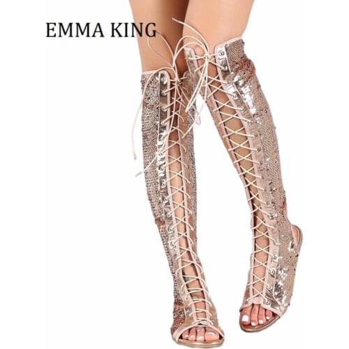 Summer Women Bling Gladiator Boots Sandals Sequined Lace Up Knee High Flat Heels Boot Women Party Dress Boots Zapatos De Mujer