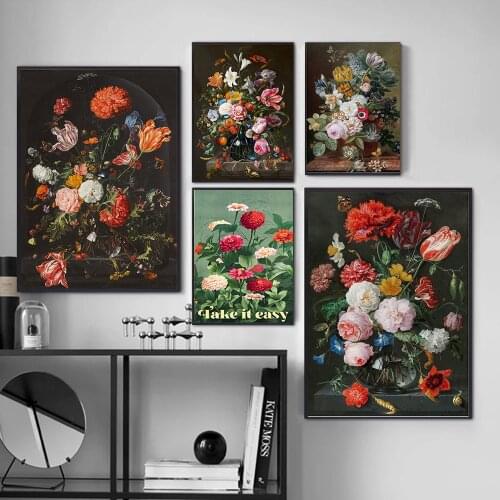 Bouquet Of Flower Poster And Print Vintage Dark Canvas Painting Wall Art Picture for Living Room Modern Home Decoration Decor