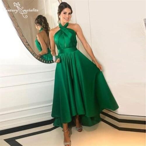 Hi-Lo Green Prom Dresses Long 2021 Halter Backless A-Line Formal Evening Dress Party Gowns Vestido De Fiesta Cheap
