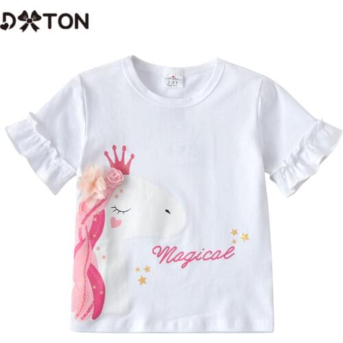 DXTON Kids Girls Short Sleeve T-shirts Summer Ruffle Sleeve Children Tees Unicorn Print Kids Tops Home Wear Girls Costume 3-8Y