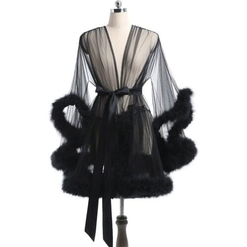 Short Feather Robe Dressing Gown Bridal Boudoir Sheer Robe Tulle Illusion Birthday Feather Robe Costume