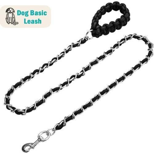 Heavy Duty Metal Chain Dog Leash Soft Anti Bite Nylon Braided Handle Pet Lead Training Rope Leads For Medium Big Dog Leash