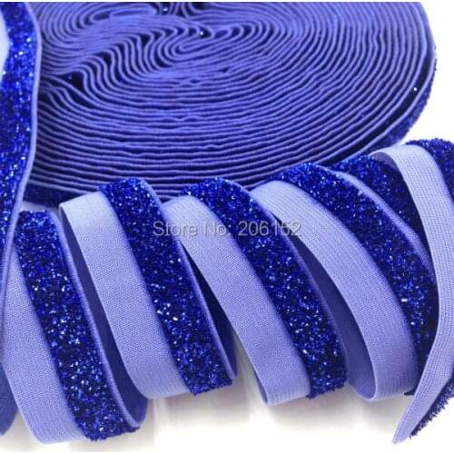 Good Quality 5/8" Half Royal Blue Glitter Half Plain Elastic Metallic Elastic Ribbon for DIY Headwear Hair Accessories 5Y/lot
