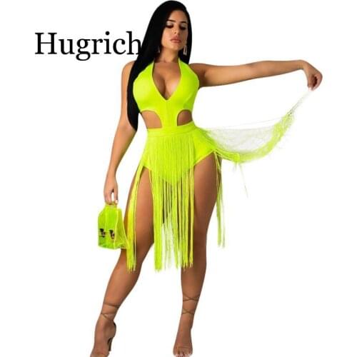 Neon Green Sexy Tassel Bodysuit Women Spaghetti Strap Hollow Out Jumpsuit Romper Backless Bodysuit Skinny Summer Beach Overall
