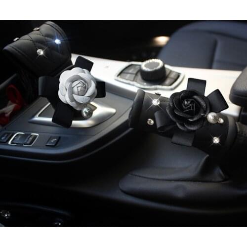 Flowers Patchwork Leather Black White Handbrake Cover Gear Shifter Covers Steering Wheel Cover Car Styling Interior Accessories