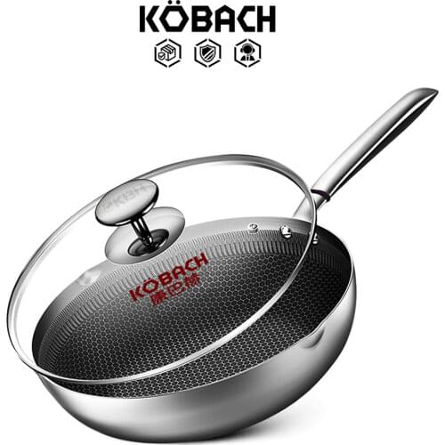 KBH 30cm non-stick fry pan 316L stainless steel wok kitchen cooking wok double honeycomb nonstick bottom chinese wok with lid