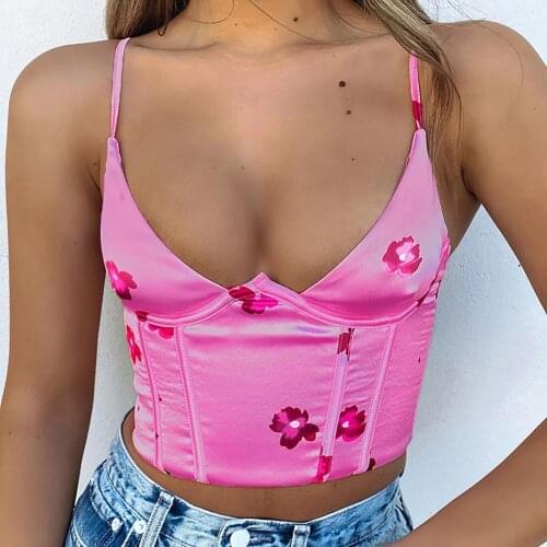 Summer Girls Crop Top 2021 Clothes Floral Print Spaghetti Strap Backless Vest Sleeveless V Neck Slim Sexy Top Party Clubwear