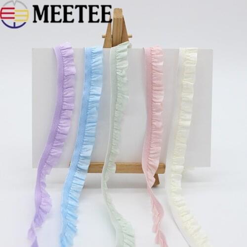 Meetee 20Meters 15mm Pleated Stretch Lace Trims Nylon Yarn Ruffled Elastic Band DIY Hairband Belt Shoes Decorative Spandex Tapes