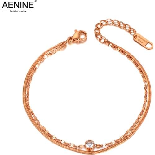 AENINE Trendy Double Layer Stainless Steel Crystal Charm Strand Bracelet For Women Rose Gold Snake Chain Link Bracelet AB20043