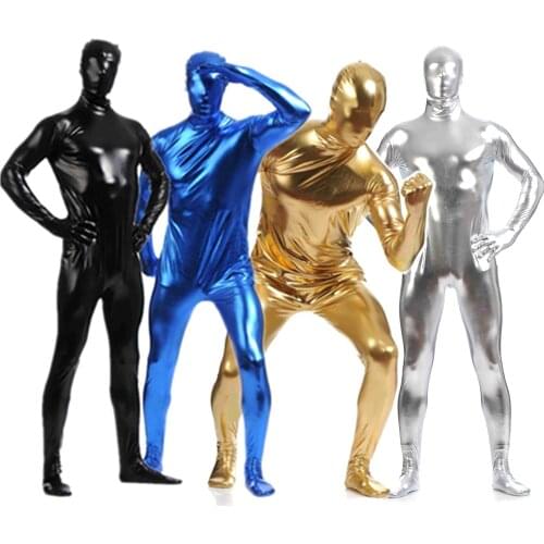Men Zentai Spandex Suit Black Shiny Metallic Skin Tights Full Body Costumes Unitard Custom Skin Bodysuit Stage Performance