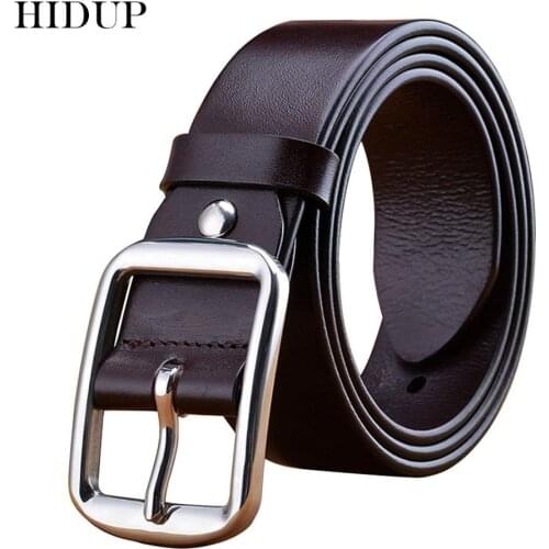 HIDUP Mens Top Quality Casual Stainless Steel Buckles Metal Genuine Belt Solid Cowskin Leather Belts Jeans Accessories NWJ255