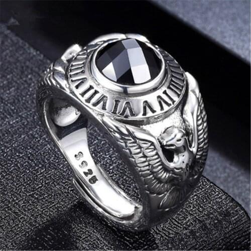 925 Sterling Silver Black Agate Ring Simple Retro Live Mouth Rings Mens Personality European And American Hip-Hop Trend Style