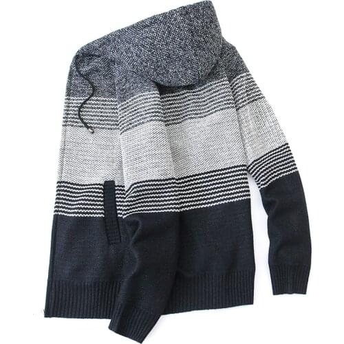 Autumn/winter cardigan jacket mens new striped hooded Mosaic pullover knit sweater with fleece and thick wool sweater jacket