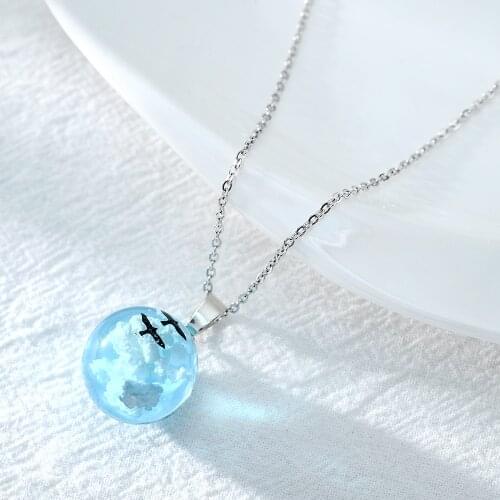 White Clouds Blue Sky Birds Glass Ball Pendant Necklace Terrarium Fashion Necklaces for Women Statement Necklace