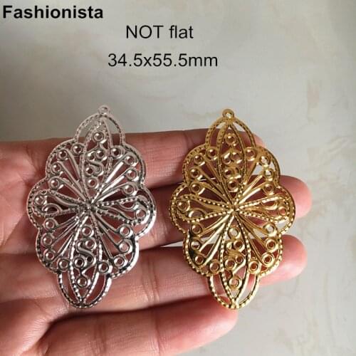 50 pcs - Metal Filigree Charms 34.5x55.5mm Oval Flower Shape Metal Stamping Jewel Pendant Gold Silver-color Not Flat -F