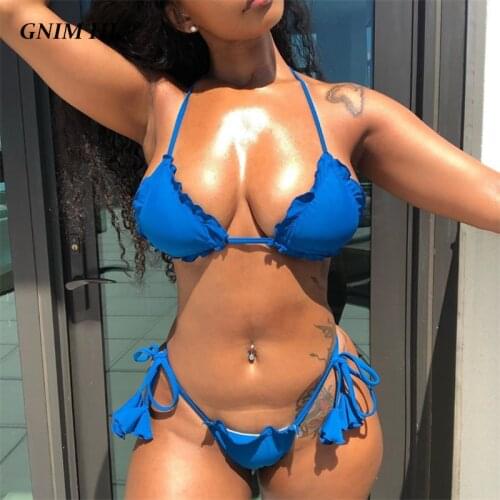GNIM Sexy Thong Bikini Swimwear Women 2020 Halter Swim Bathing Suit Women Brazilian Biquini New Bandage Solid Swimsuit Two Piece