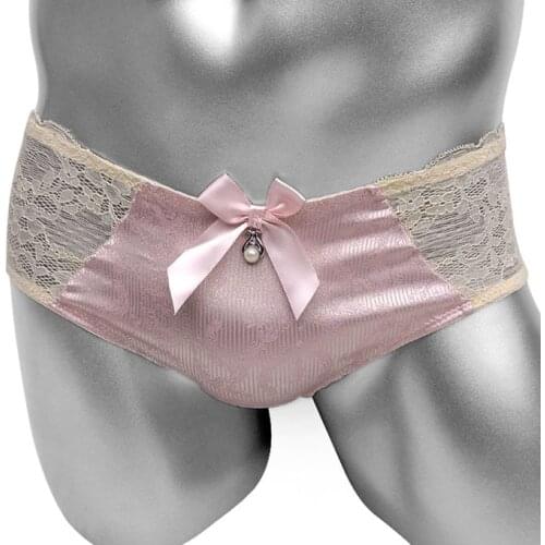 Cute Shiny Satin Sissy Panties With Lace Patchwork Bowknot Sexy Lingerie Mens Briefs Underwear Gay Knickers Wetlook