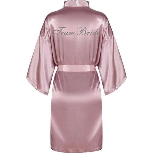 Mauve bride satin silk robe women dress silver writing bridal wedding gown bridal party team bath robe short bridesmaid kimono