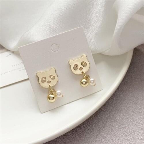 Funny Cute Panda Face Metal Bead Pearl Drop Earrings Korean Fashion Bear Pendent Earrings for Women Girls Kids Ear Jewelry Gift