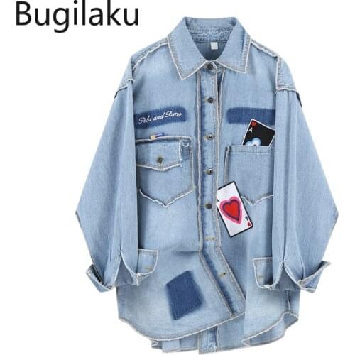 Bugilaku Office Ladies Button Up Denim Shirts Women Turn Down Collar Casual Tops Contrast Color Patchwork Long Sleeve Blouse