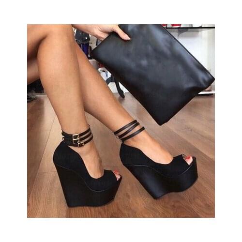 Women Platform High Heels Wedge Sandals Ankle Wrap Black Evening Party Height Increase Pumps Ladies Shoes Women Zapatos Big Size