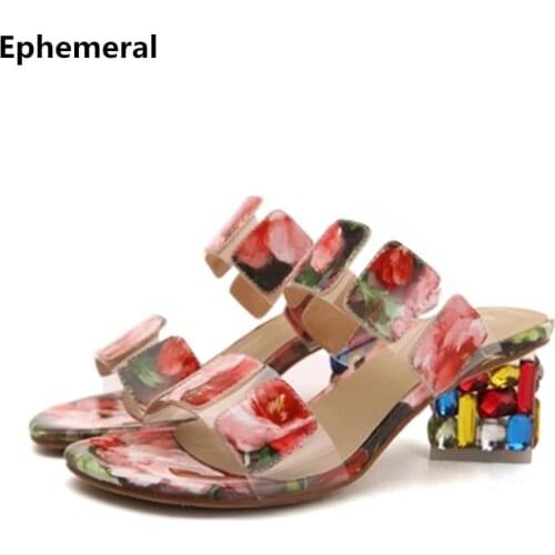 Ladies Colorful Slides High Heel Rhinestones Strange Style Peep Toe Shoes PVC Big Size 41 34 Fashion Newest Slipper With Heels