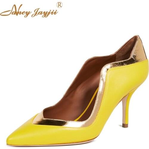 Yellow Golden Patent Leather Bridesmaid Woman Shoes Pumps High heels 8CM Wedding Bridal Party New Fashion Street Casual Brand