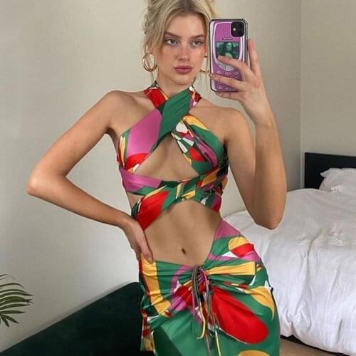 Print Halter Cut-Out Top and Skirt Two Pieces Sets Women Summer Sexy Bodycon Ruched Clubwear Party Matching Set