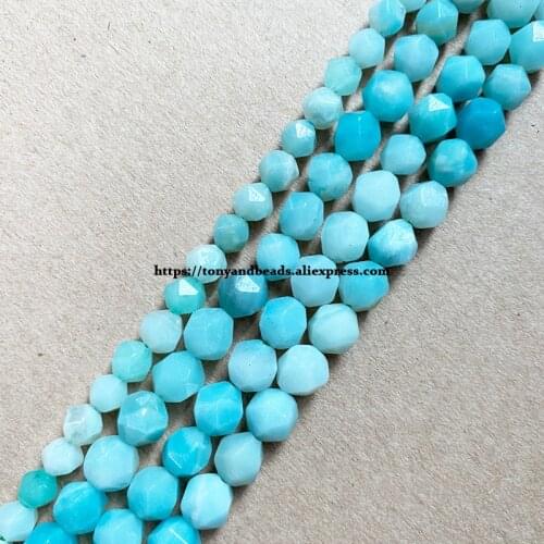 15" Natural Stone Big Cuts Faceted A Quality Blue Amazonite Round Loose Beads 6 8 10 mm Pick Size