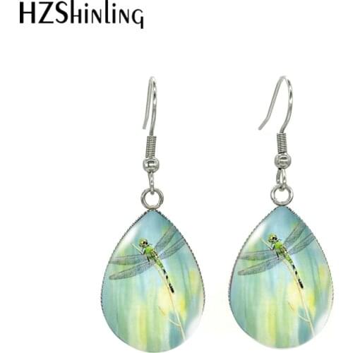 2020 New Arrival Tear Drop Glass Cabochon Fish Hook Earrings Dragonfly Pattern Summer Sweet Ear Jewelry for Girls