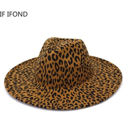 2021 Autumn Winter 9.5 CM Big edge Men Women Wool Fedoras Cap Leopard pattern Derby Church Jazz Hats Panama Sombrero Cap