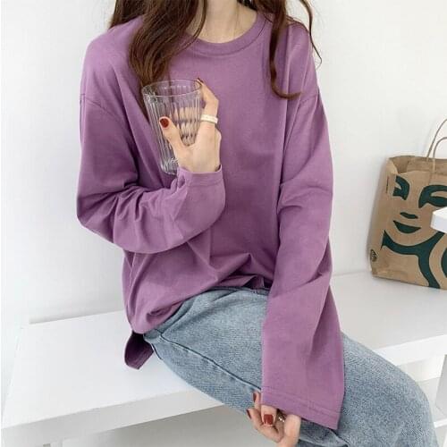 2021 Autumn Women T-shirt New Loose Round Neck Solid Color Top Long Sleeve T-Shirt Women Oversized Qm