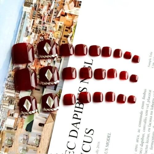 High Quality 24pcs Rhinestones Inlaid Toenail Patch Red Wine Glue Type Removable Short Paragraph Manicure False Toenail Patch