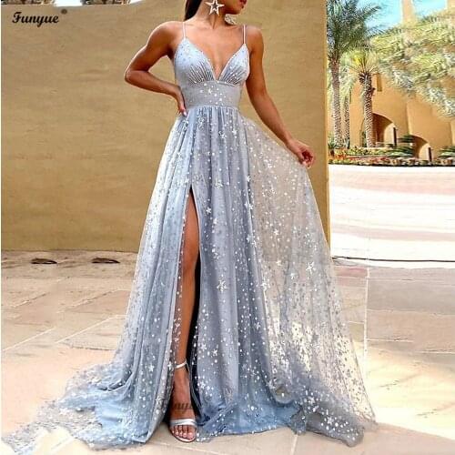 Glittery Silver Sequin Prom Dresses for Women Party Spaghetti Straps V-Neck Backless Sexy High Split A Line Evening Gowns Long