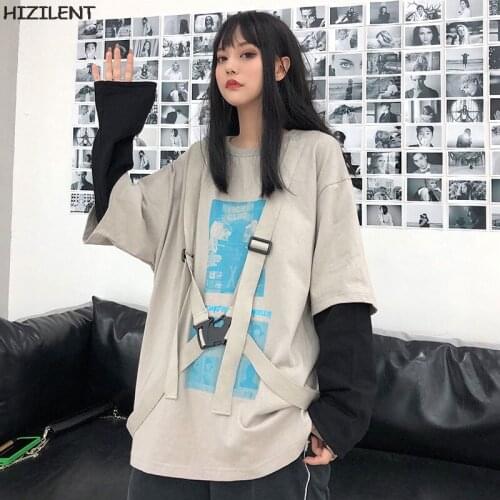 Black Gothic Basic fashion shirt Women long Sleeve O-Neck loose T Shirt Femme winter oversize Tops Buckle Ribbon winter clothes
